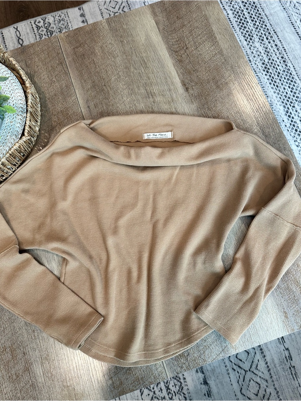 Free People Neutral Camel Off-Shoulder Lightweight Sweater